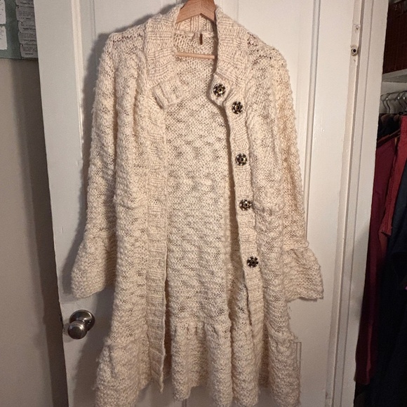 Free People Cream Wool-Blend Sweater Coat - Ruffle Hem - Size L - Picture 1 of 3